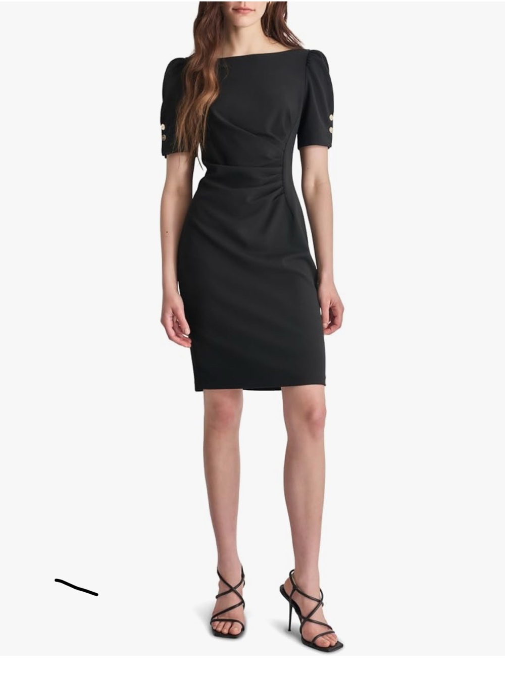 DKNY Black Ruched Sheath Dress Gold Buttons Gold Zipper Boat Neck Sz 16